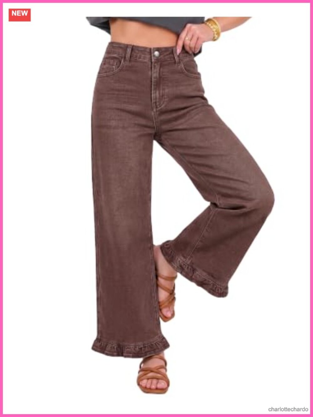 High Waisted Wide Leg Ruffle Hem Ankle Stretch Denim Jeans
